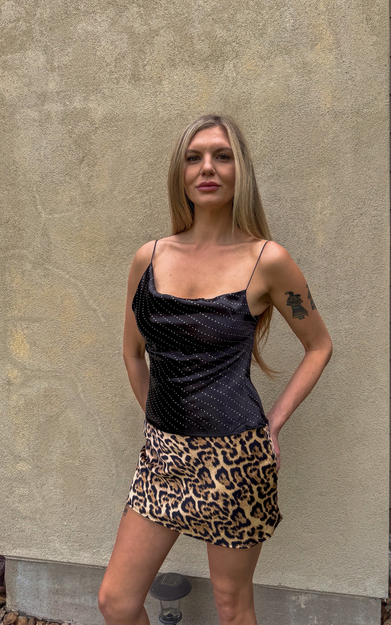 Rhinestone Satin Cowl Neck Tank