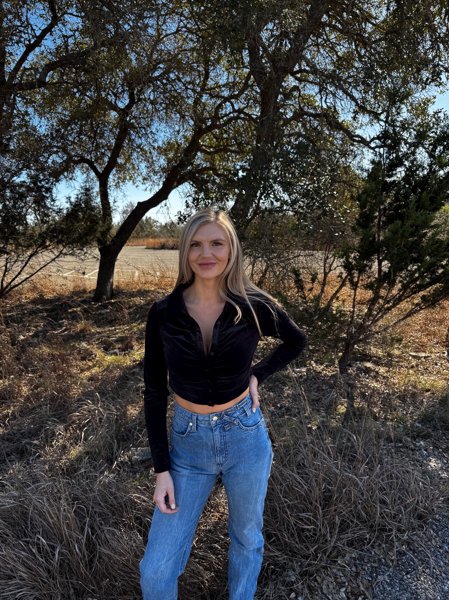 Velour Button Down Crop Top